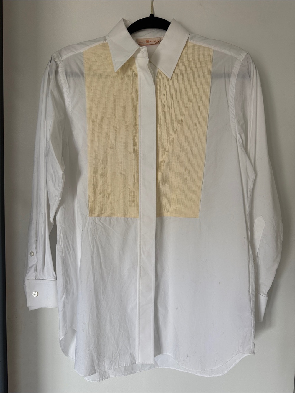 Tory Burch white cotton poplin point collar button front shirt w contrasting bib
